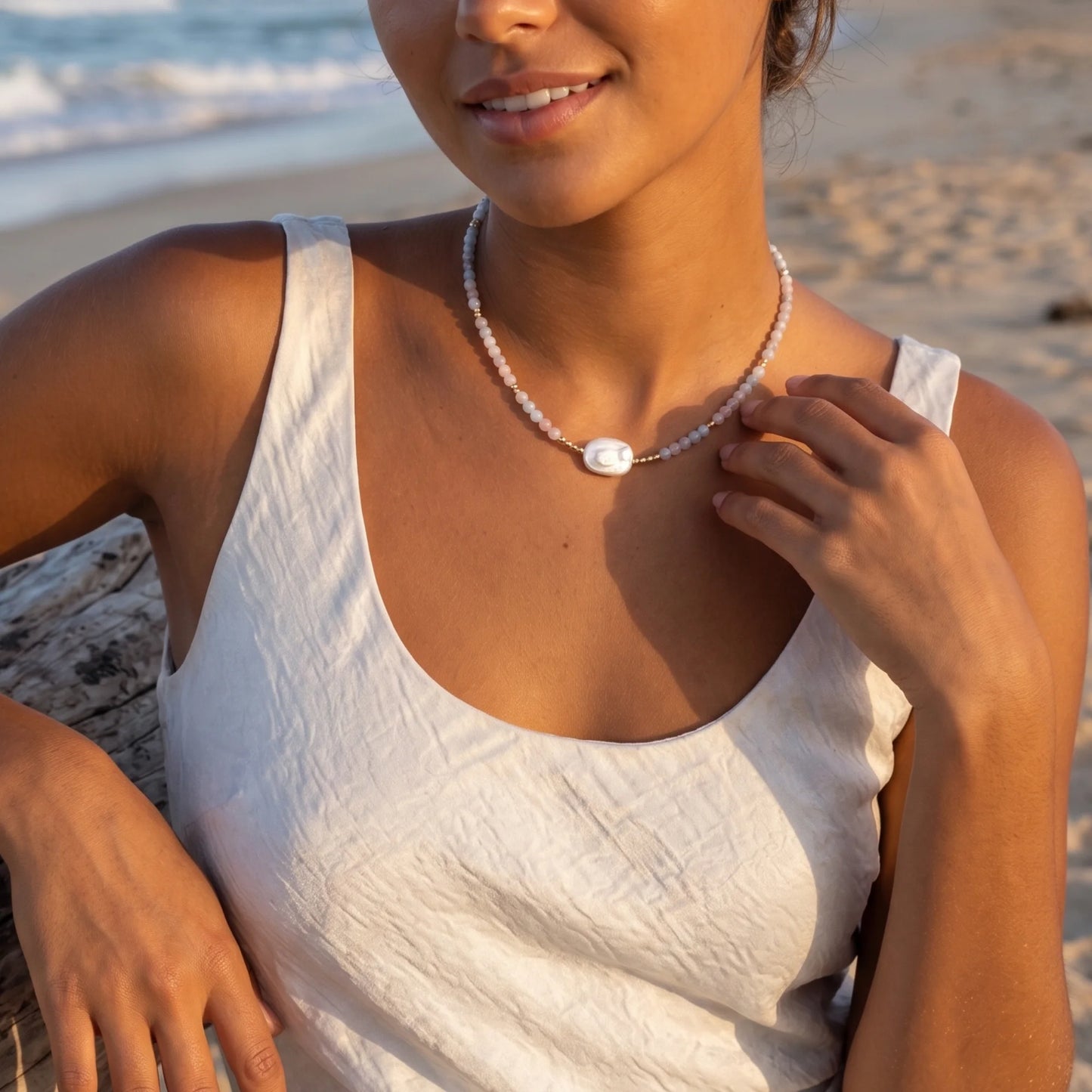 Natural morganite and 14K gold filled beaded necklace with premium freshwater baroque pearl centrepiece, hand-finished in Australia
