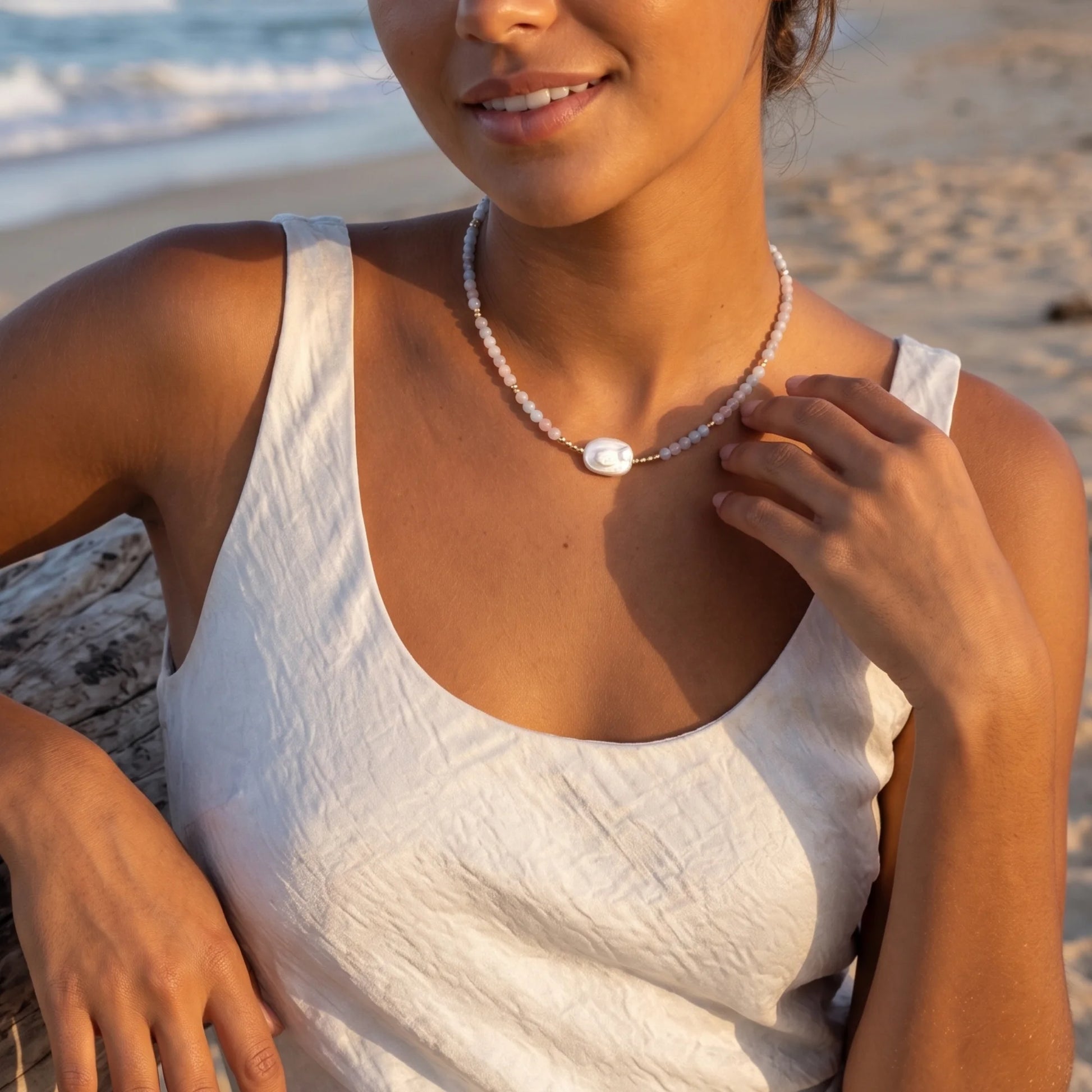 Natural morganite and 14K gold filled beaded necklace with premium freshwater baroque pearl centrepiece, hand-finished in Australia