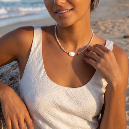 Natural morganite and 14K gold filled beaded necklace with premium freshwater baroque pearl centrepiece, hand-finished in Australia
