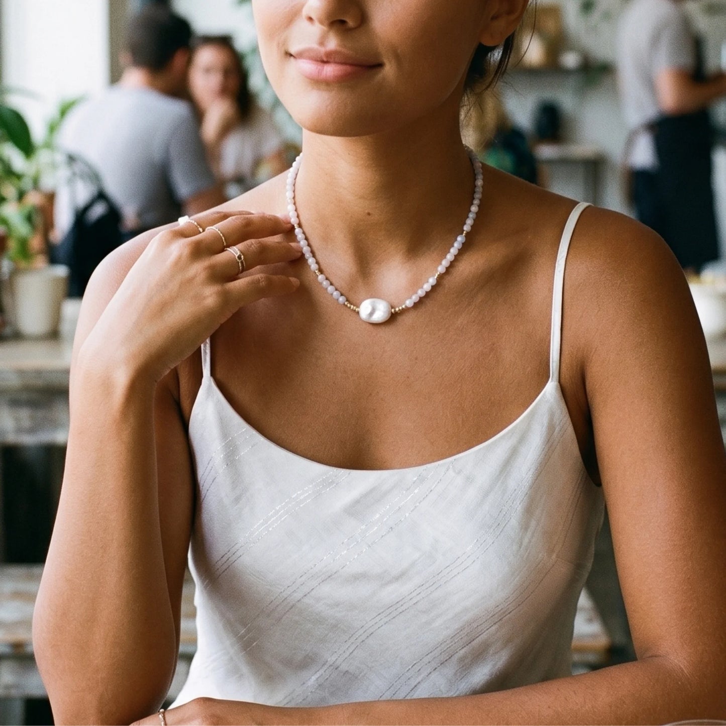 Natural morganite and 14K gold filled beaded necklace with premium freshwater baroque pearl centrepiece, hand-finished in Australia
