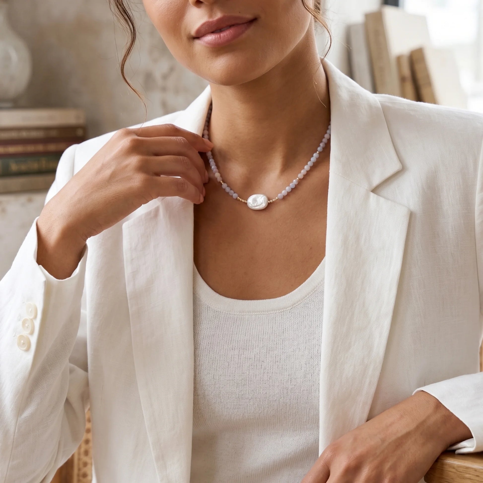 Natural morganite and 14K gold filled beaded necklace with premium freshwater baroque pearl centrepiece, hand-finished in Australia