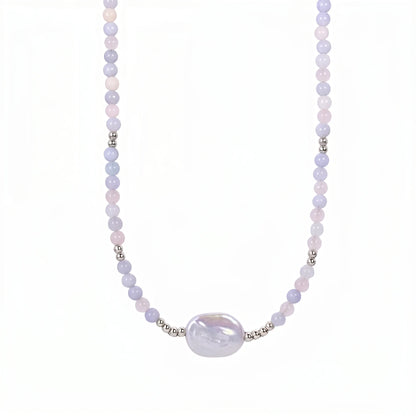 Natural morganite and 925 sterling silver beaded necklace with premium freshwater baroque pearl centrepiece, hand-finished in Australia