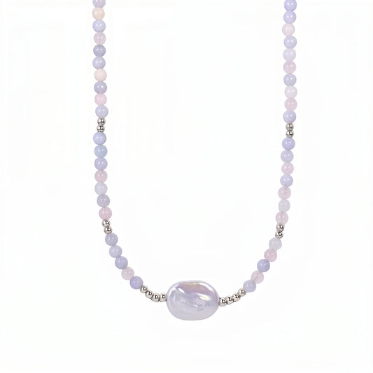 Natural morganite and 925 sterling silver beaded necklace with premium freshwater baroque pearl centrepiece, hand-finished in Australia