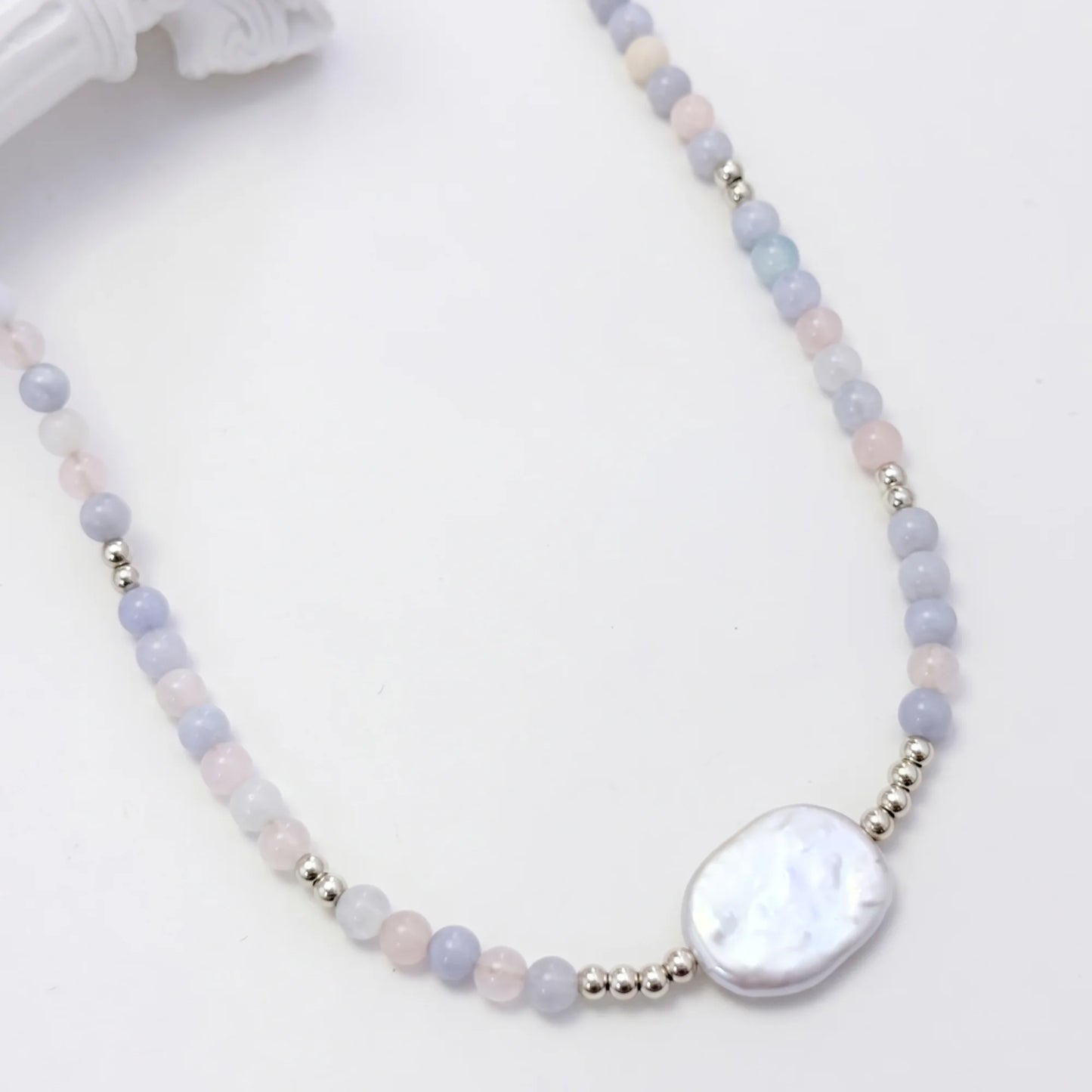 Natural morganite and 925 sterling silver beaded necklace with premium freshwater baroque pearl centrepiece, hand-finished in Australia
