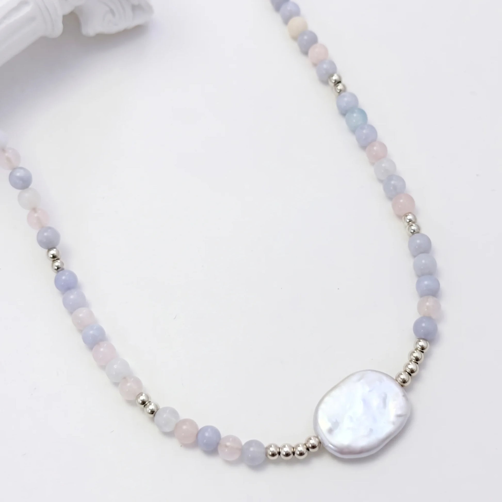 Natural morganite and 925 sterling silver beaded necklace with premium freshwater baroque pearl centrepiece, hand-finished in Australia