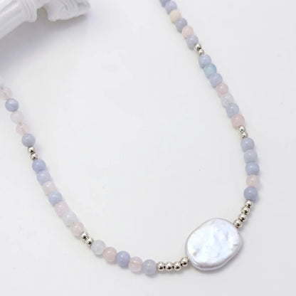 Natural morganite and 925 sterling silver beaded necklace with premium freshwater baroque pearl centrepiece, hand-finished in Australia