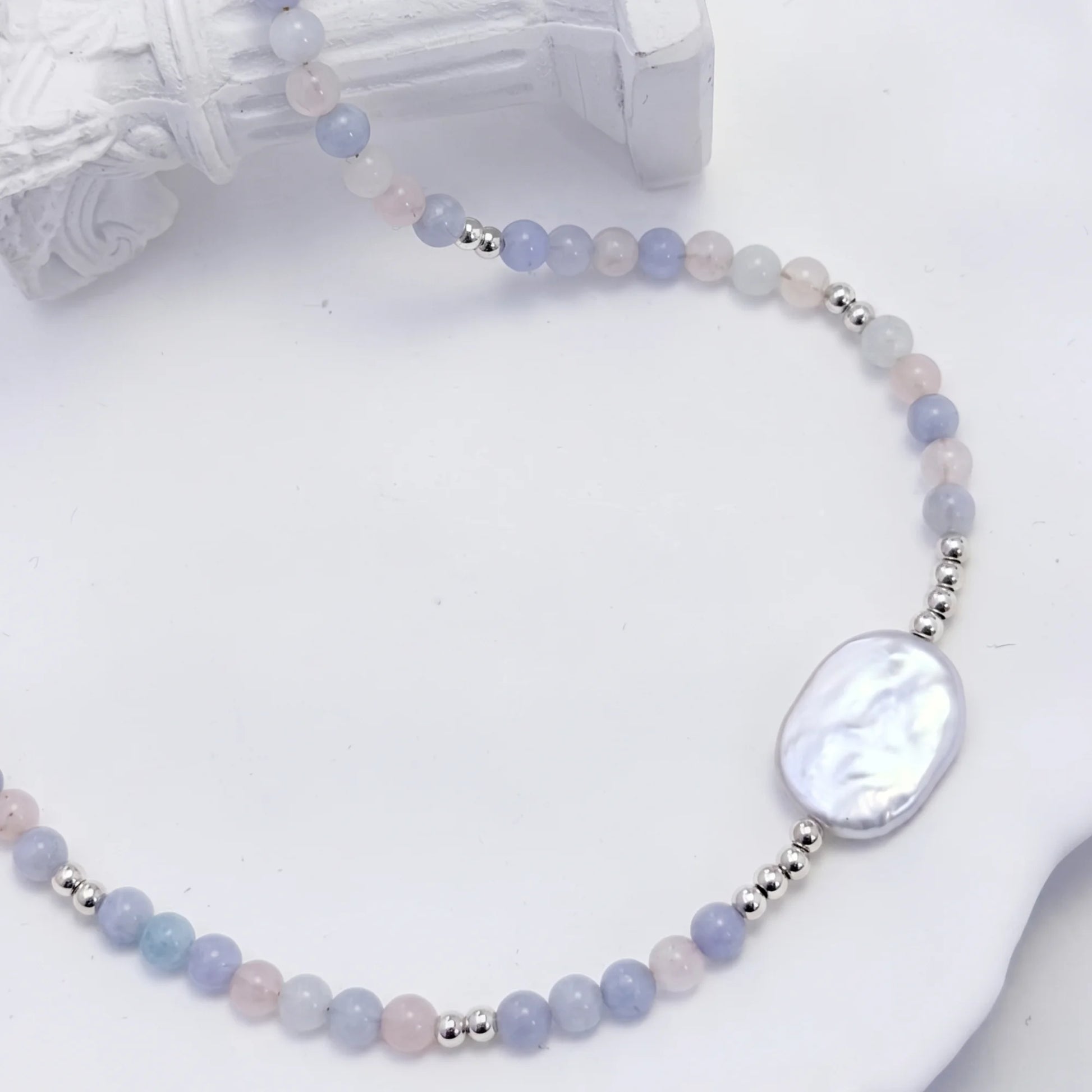 Natural morganite and 925 sterling silver beaded necklace with premium freshwater baroque pearl centrepiece, hand-finished in Australia