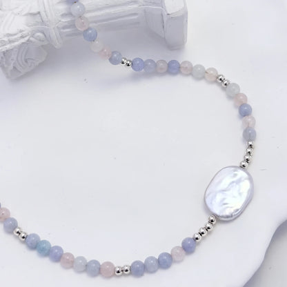 Natural morganite and 925 sterling silver beaded necklace with premium freshwater baroque pearl centrepiece, hand-finished in Australia