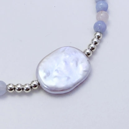 Natural morganite and 925 sterling silver beaded necklace with premium freshwater baroque pearl centrepiece, hand-finished in Australia