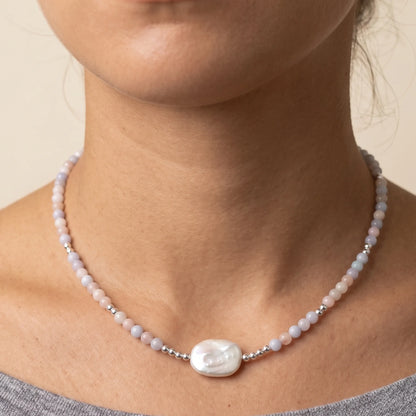 Natural morganite and 925 sterling silver beaded necklace with premium freshwater baroque pearl centrepiece, hand-finished in Australia