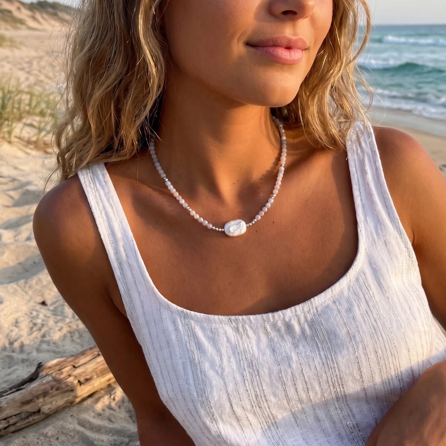 Natural morganite and 925 sterling silver beaded necklace with premium freshwater baroque pearl centrepiece, hand-finished in Australia