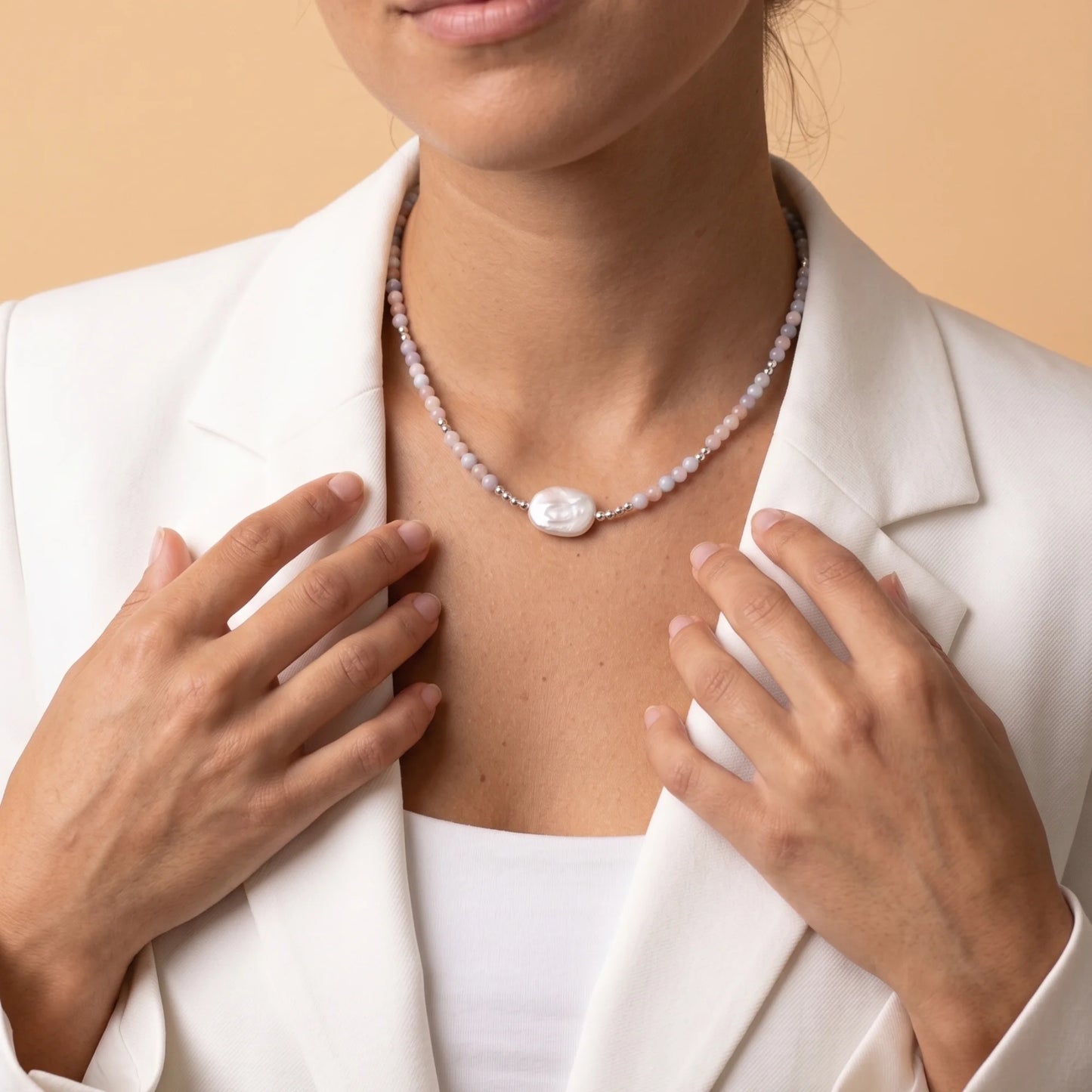 Natural morganite and 925 sterling silver beaded necklace with premium freshwater baroque pearl centrepiece, hand-finished in Australia