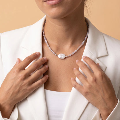 Natural morganite and 925 sterling silver beaded necklace with premium freshwater baroque pearl centrepiece, hand-finished in Australia
