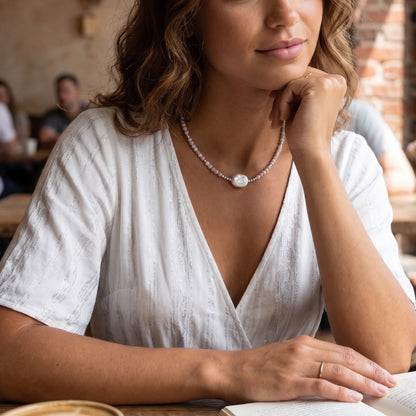 Natural morganite and 925 sterling silver beaded necklace with premium freshwater baroque pearl centrepiece, hand-finished in Australia