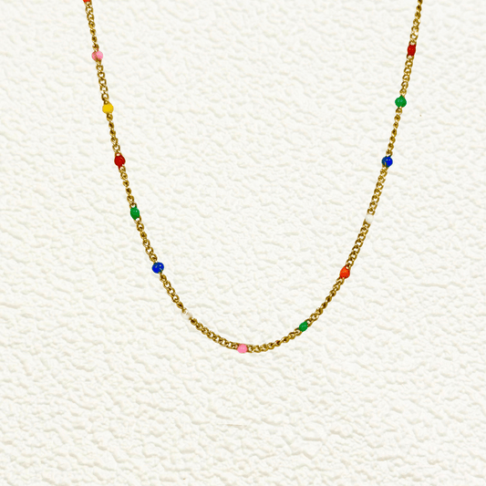 PVD gold stainless steel chain with multi-colour enamel dot accents, versatile as necklace, bracelet, or anklet