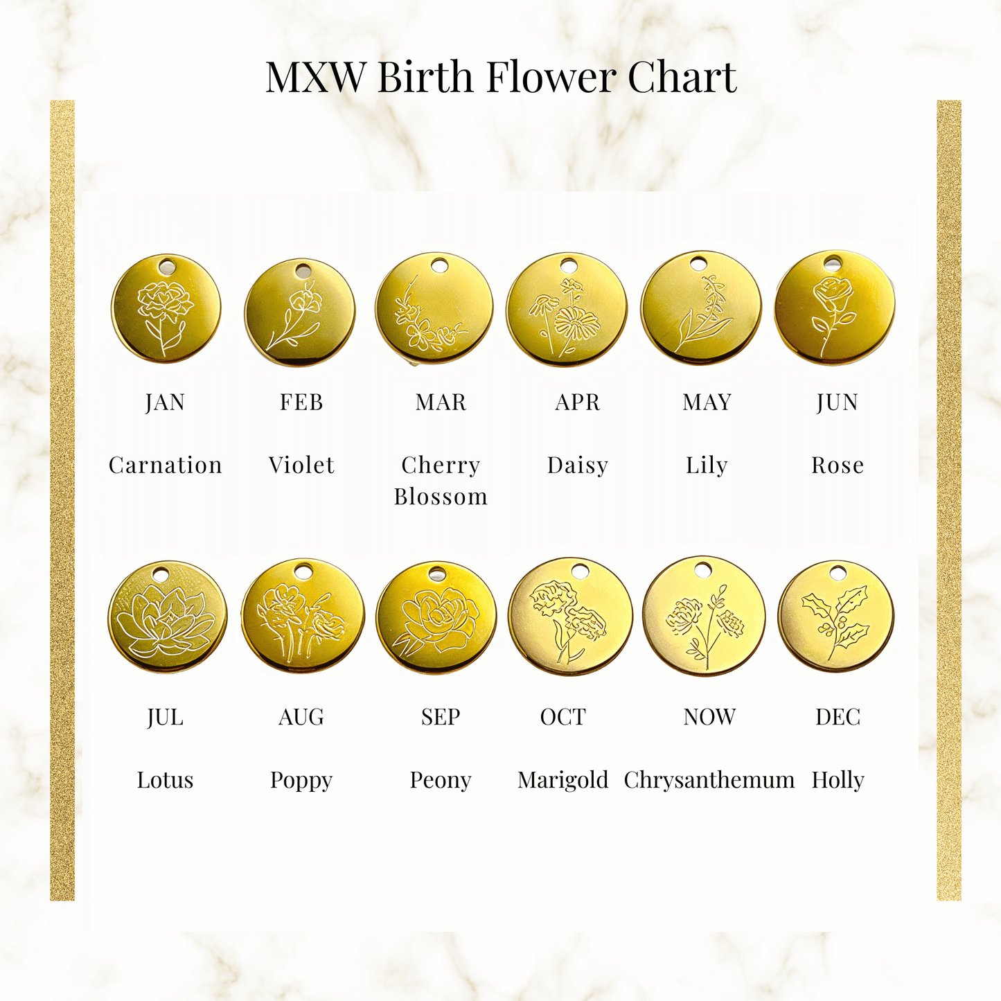 gold birth month necklace with blue crystal and engraved flower pendant