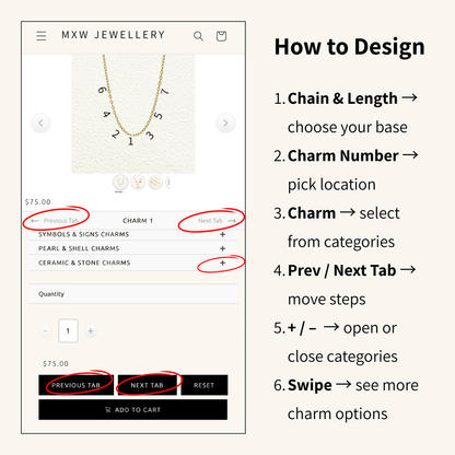 MXW Jewellery website interface with a necklace and step-by-step guide on how to design charm necklace.