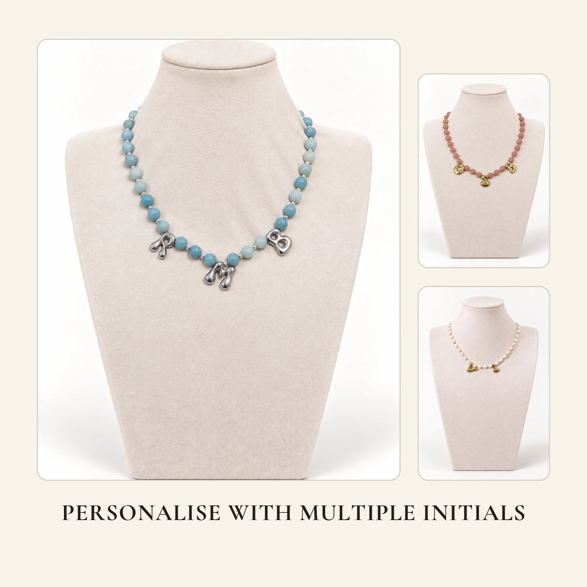 Three personalised beaded necklaces displayed with multiple initial charms in gold and silver finishes.