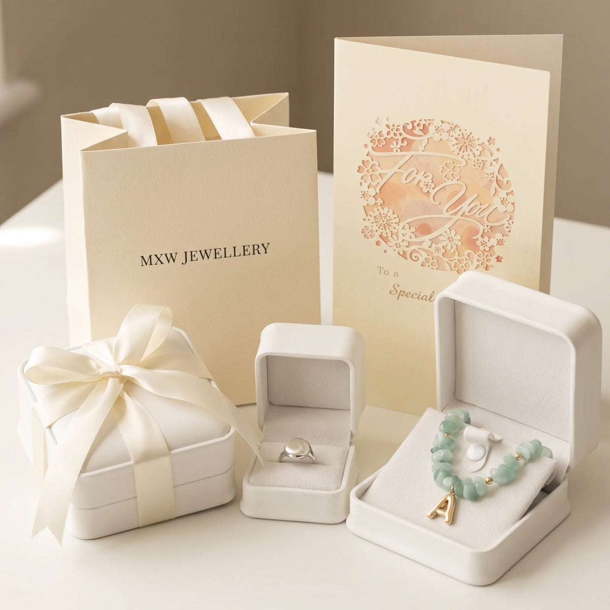 MXW Jewellery cream gift bag, message card and white ribboned jewellery boxes displayed with a ring and bracelet.