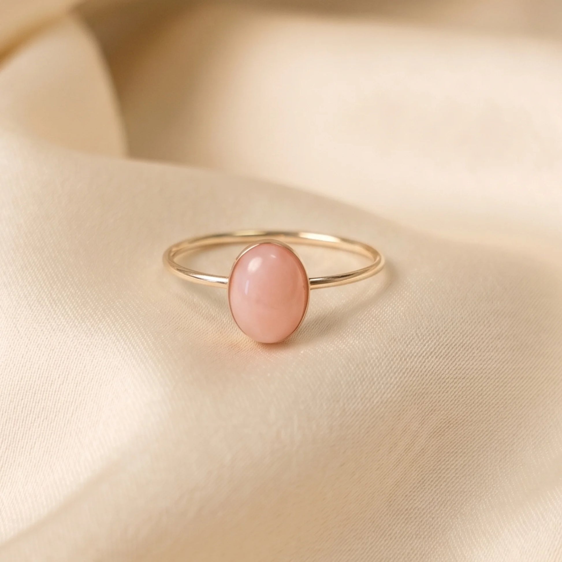 MXW natural oval pink opal October birthstone stacking ring in 14K gold-filled metal