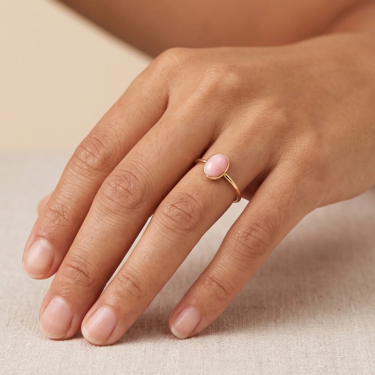 MXW natural oval pink opal October birthstone stacking ring in 14K gold-filled metal