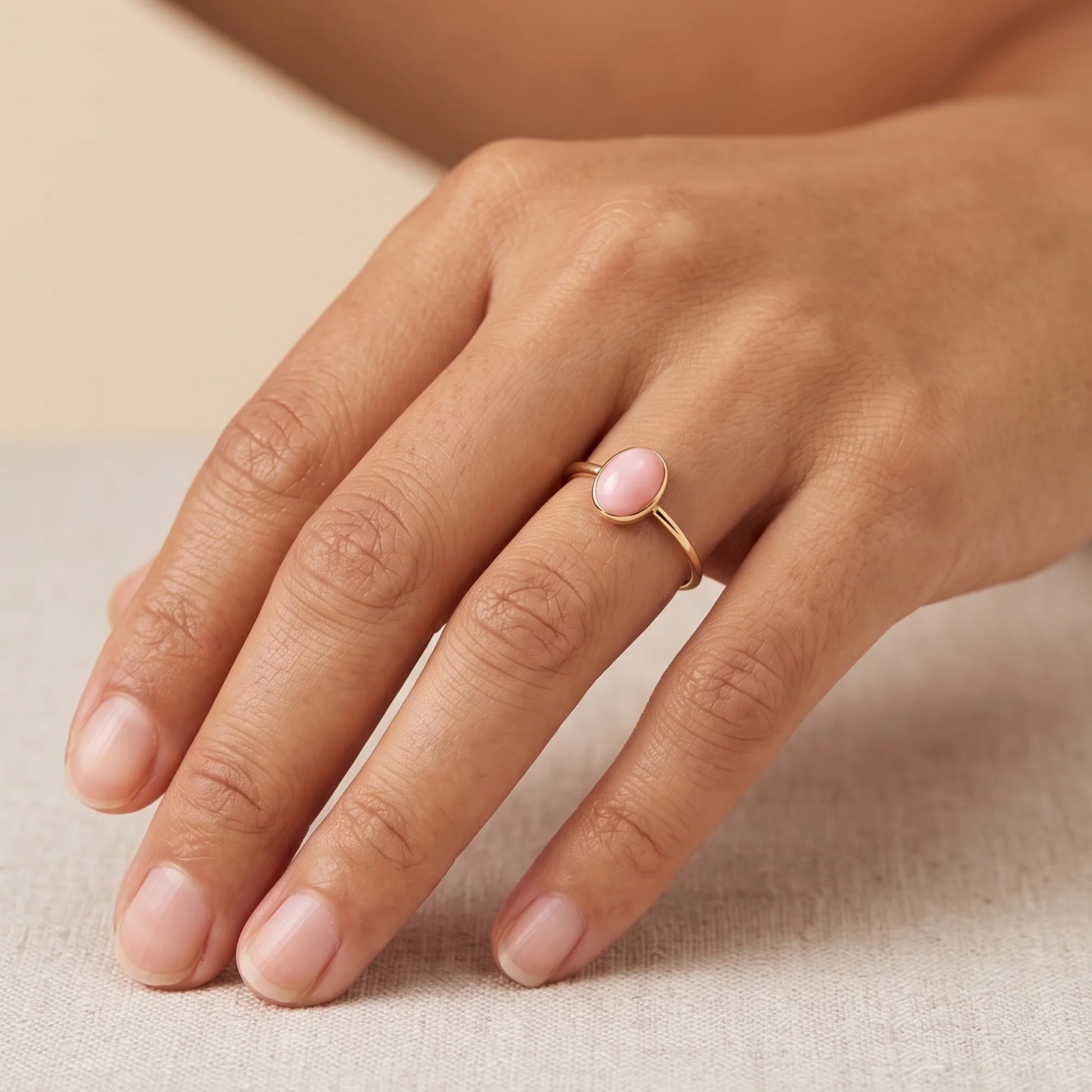 MXW natural oval pink opal October birthstone stacking ring in 14K gold-filled metal
