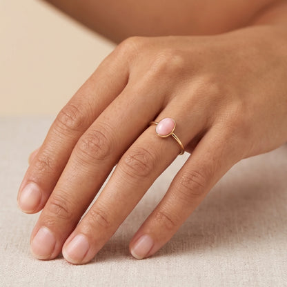 MXW natural oval pink opal October birthstone stacking ring in 14K gold-filled metal