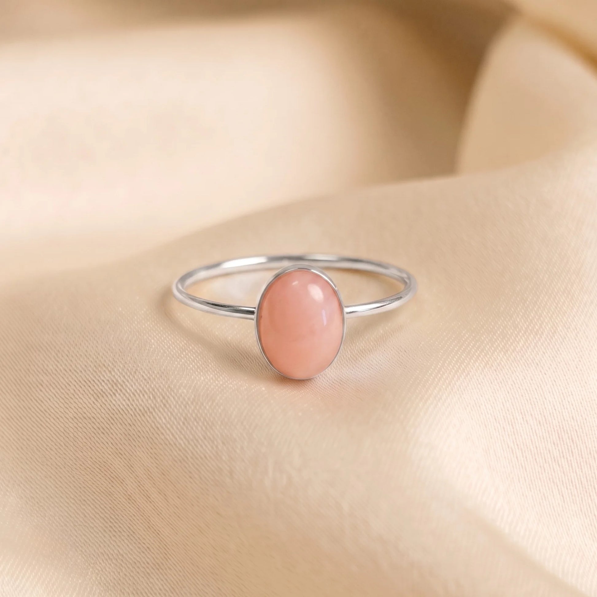 MXW natural oval pink opal October birthstone stacking ring in 925 sterling silver metal