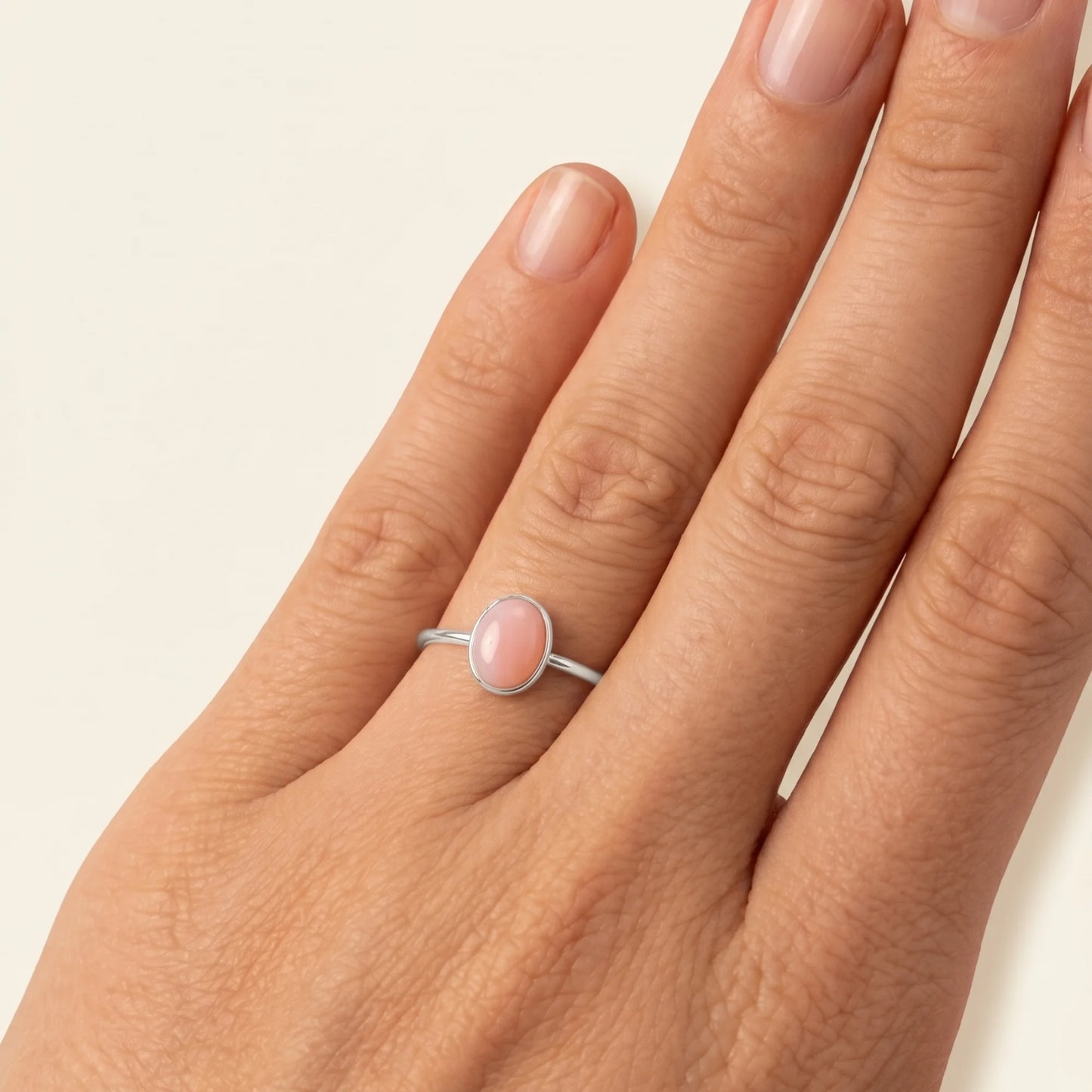 MXW natural oval pink opal October birthstone stacking ring in 925 sterling silver metal
