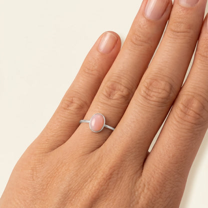 MXW natural oval pink opal October birthstone stacking ring in 925 sterling silver metal