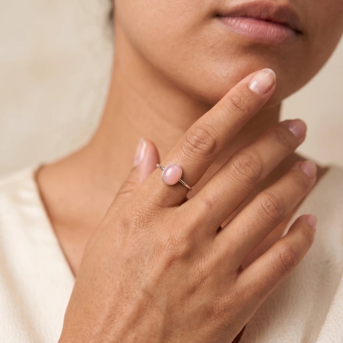 MXW natural oval pink opal October birthstone stacking ring in 925 sterling silver metal