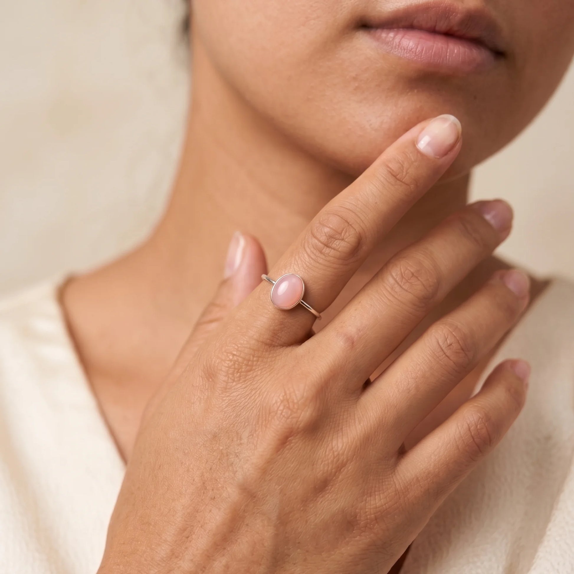 MXW natural oval pink opal October birthstone stacking ring in 925 sterling silver metal