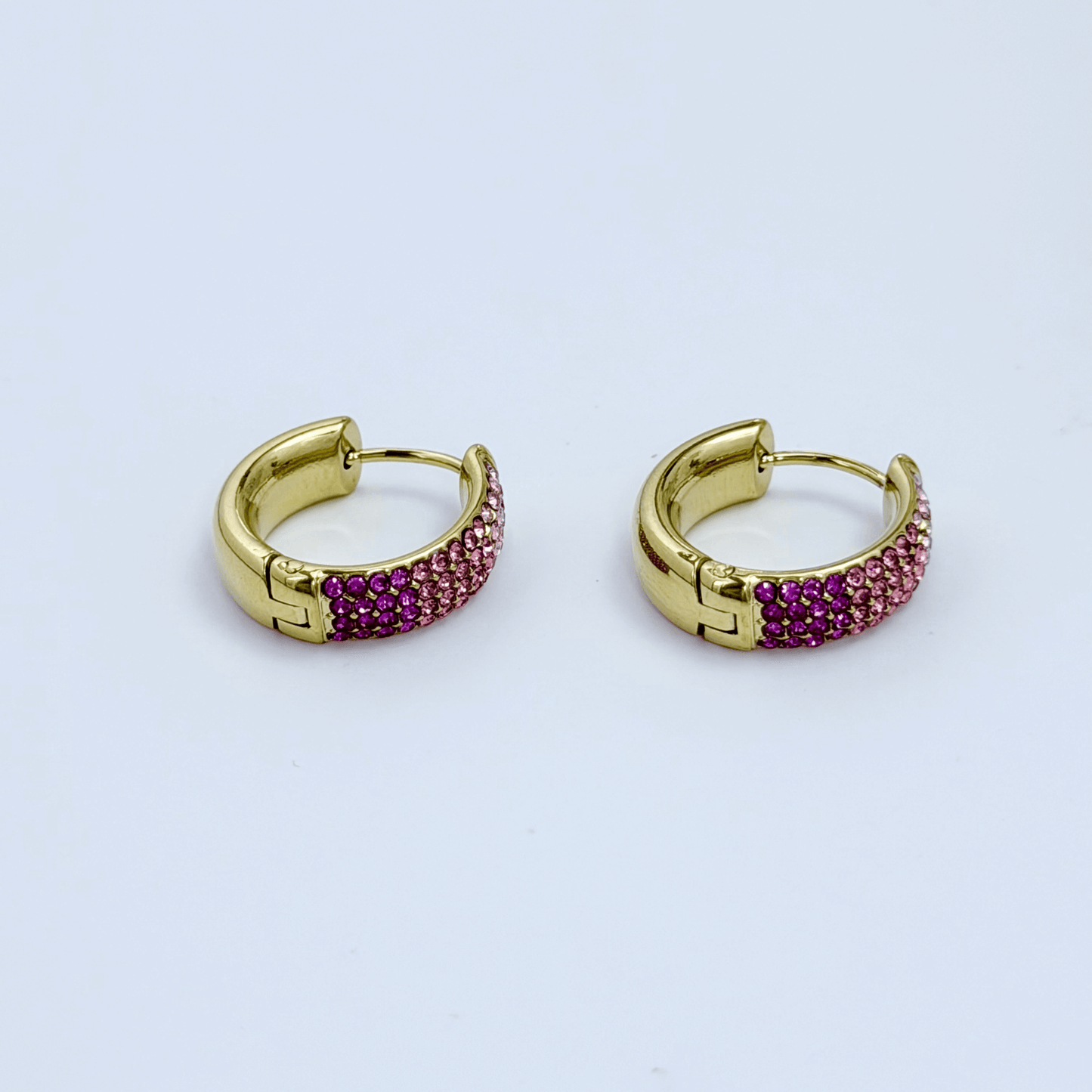 Ombre pink pavé gold huggie earrings with gradient crystals