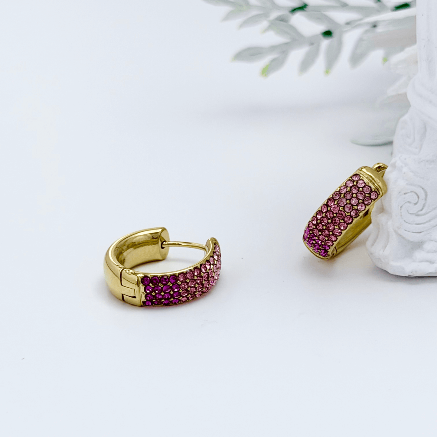 Ombre pink pavé gold huggie earrings with gradient crystals