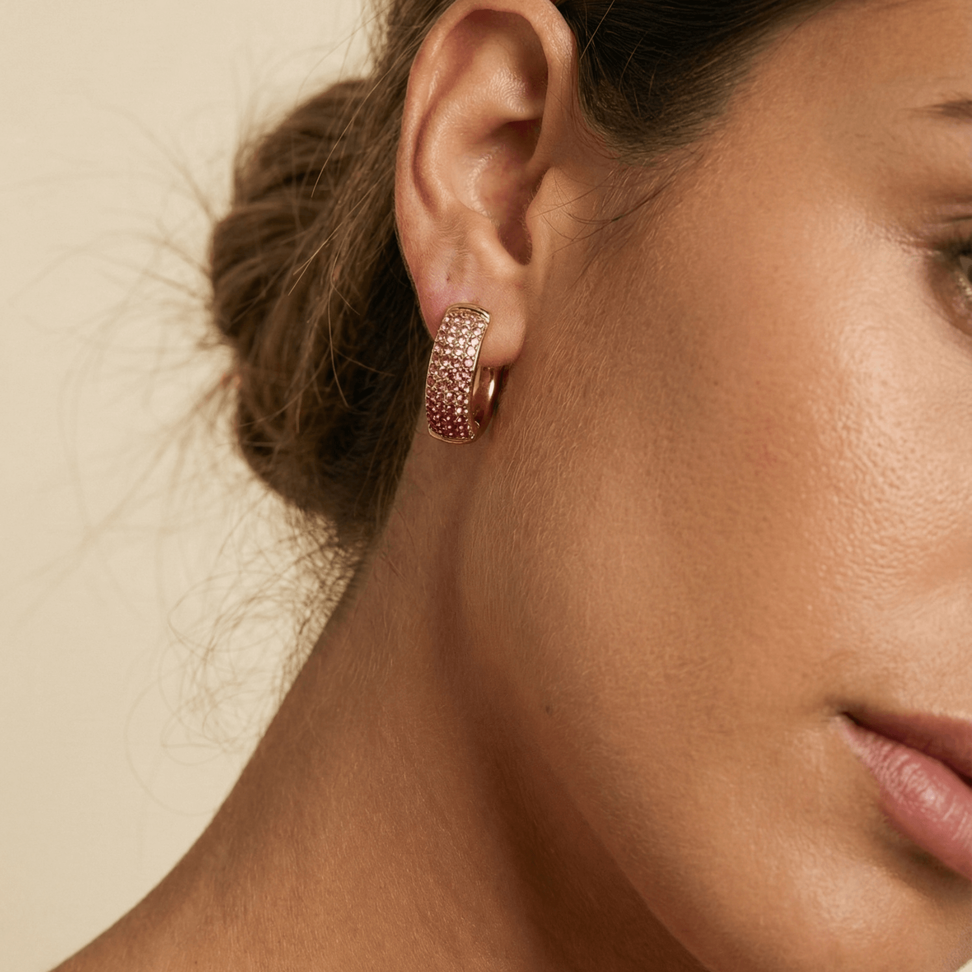 Ombre pink pavé gold huggie earrings with gradient crystals