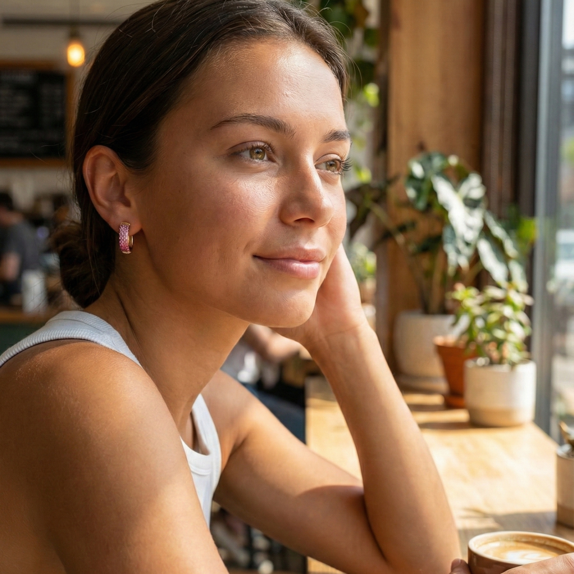 Ombre pink pavé gold huggie earrings with gradient crystals