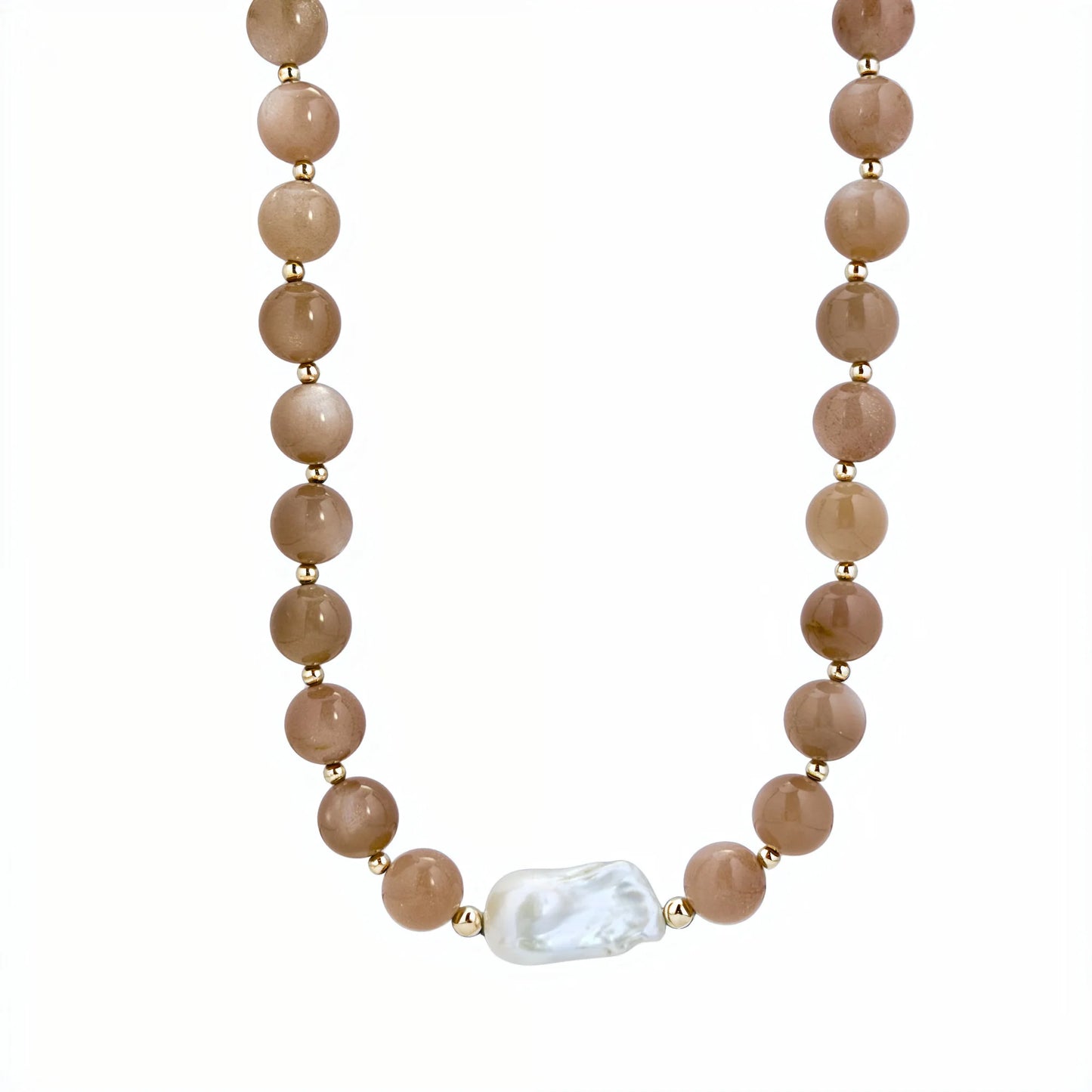 Natural orange moonstone and 14K gold filled beaded necklace with premium freshwater baroque pearl centrepiece, hand-finished in Australia