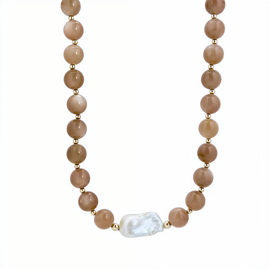 Natural orange moonstone and 14K gold filled beaded necklace with premium freshwater baroque pearl centrepiece, hand-finished in Australia