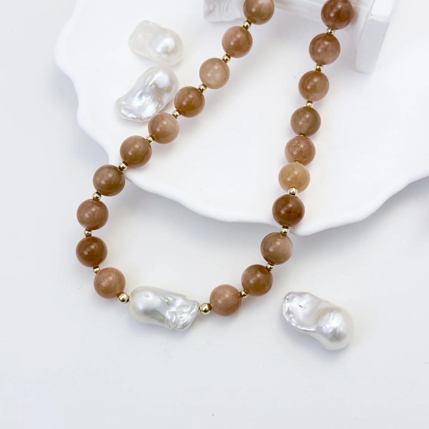 Natural orange moonstone and 14K gold filled beaded necklace with premium freshwater baroque pearl centrepiece, hand-finished in Australia