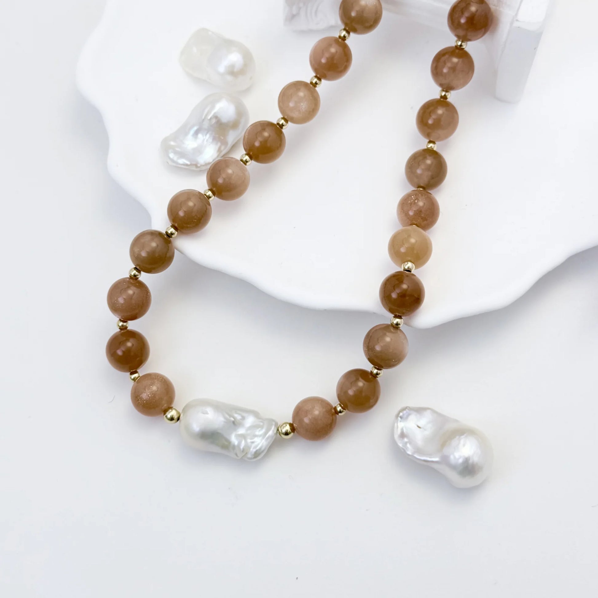 Natural orange moonstone and 14K gold filled beaded necklace with premium freshwater baroque pearl centrepiece, hand-finished in Australia