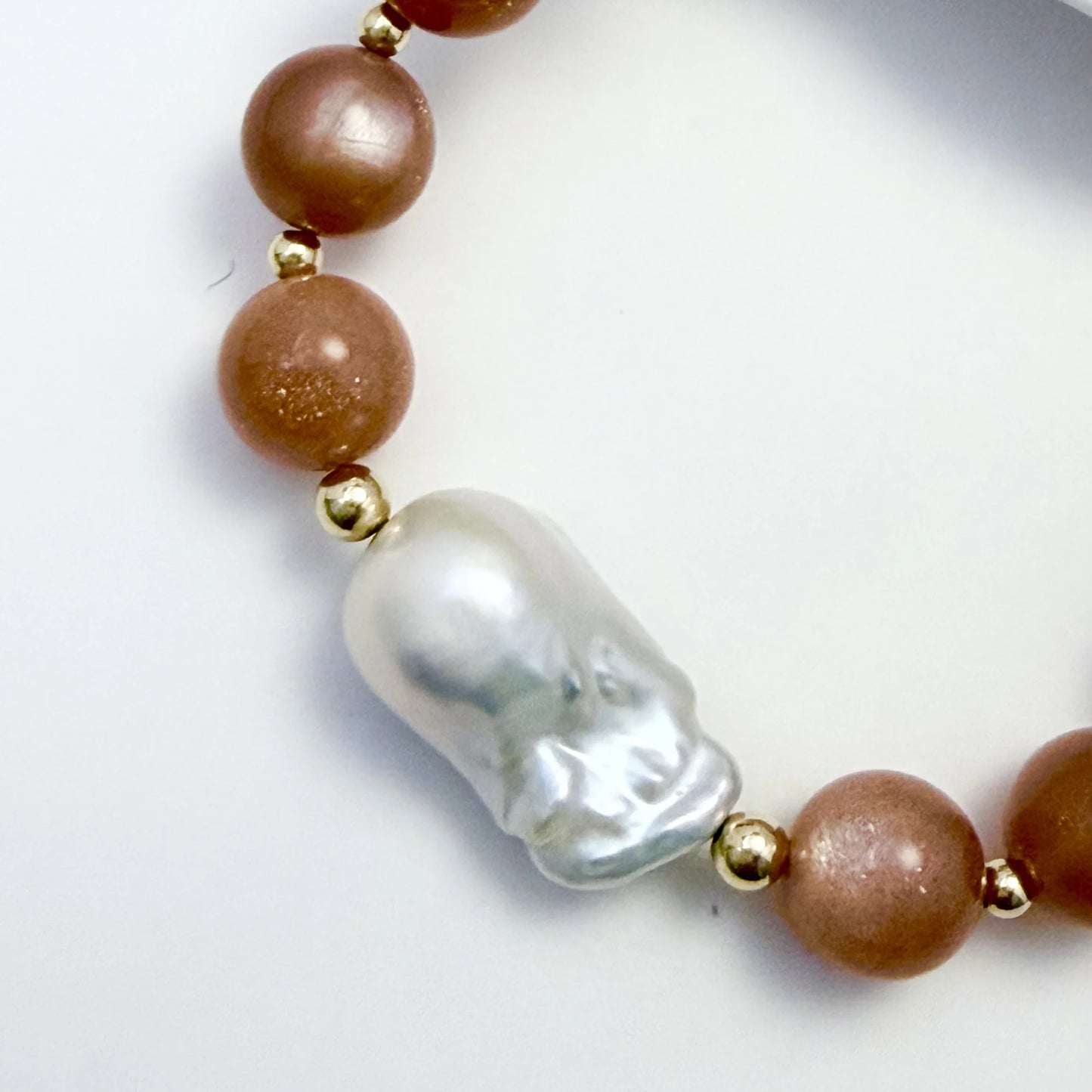 Natural orange moonstone and 14K gold filled beaded necklace with premium freshwater baroque pearl centrepiece, hand-finished in Australia