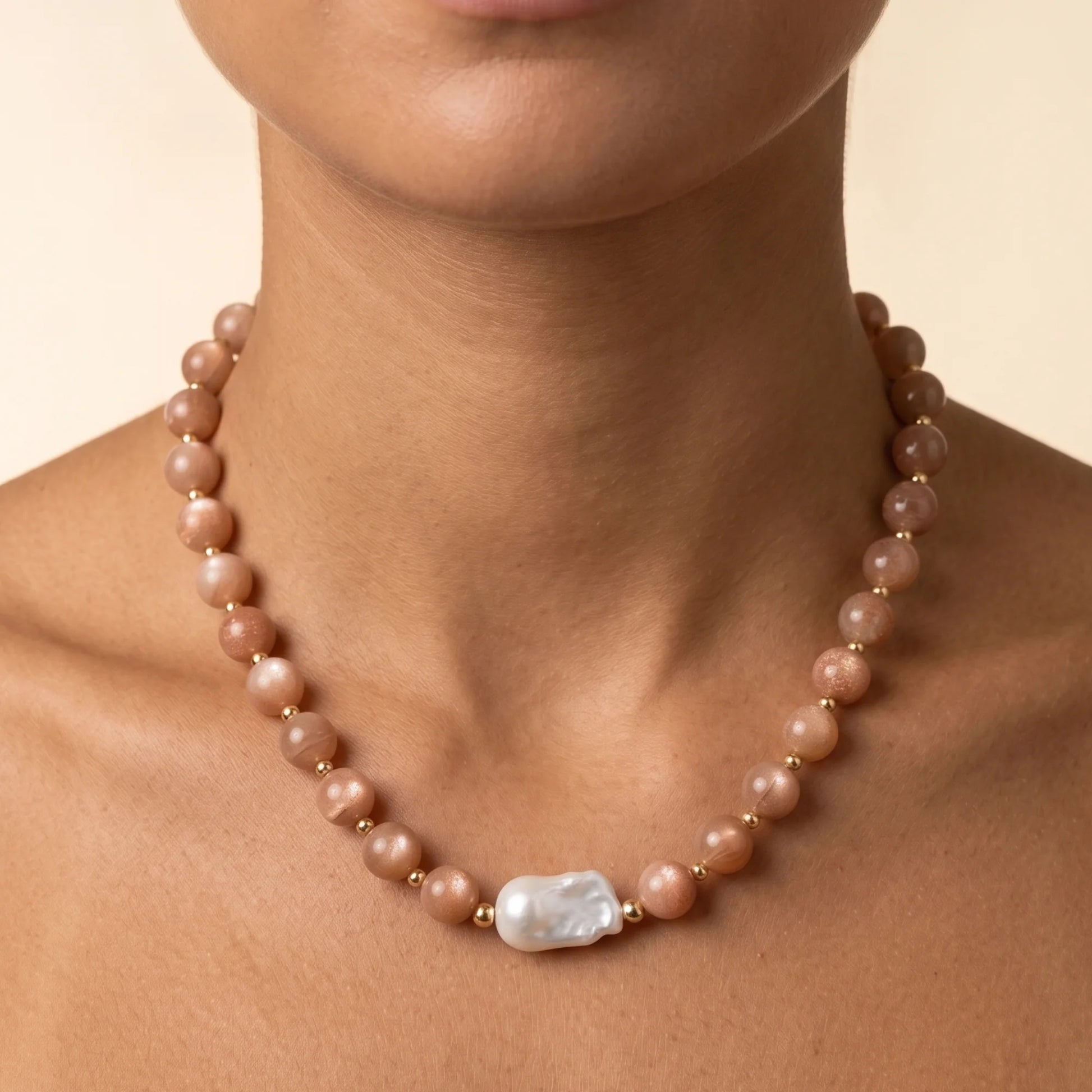 Natural orange moonstone and 14K gold filled beaded necklace with premium freshwater baroque pearl centrepiece, hand-finished in Australia