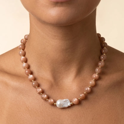 Natural orange moonstone and 14K gold filled beaded necklace with premium freshwater baroque pearl centrepiece, hand-finished in Australia
