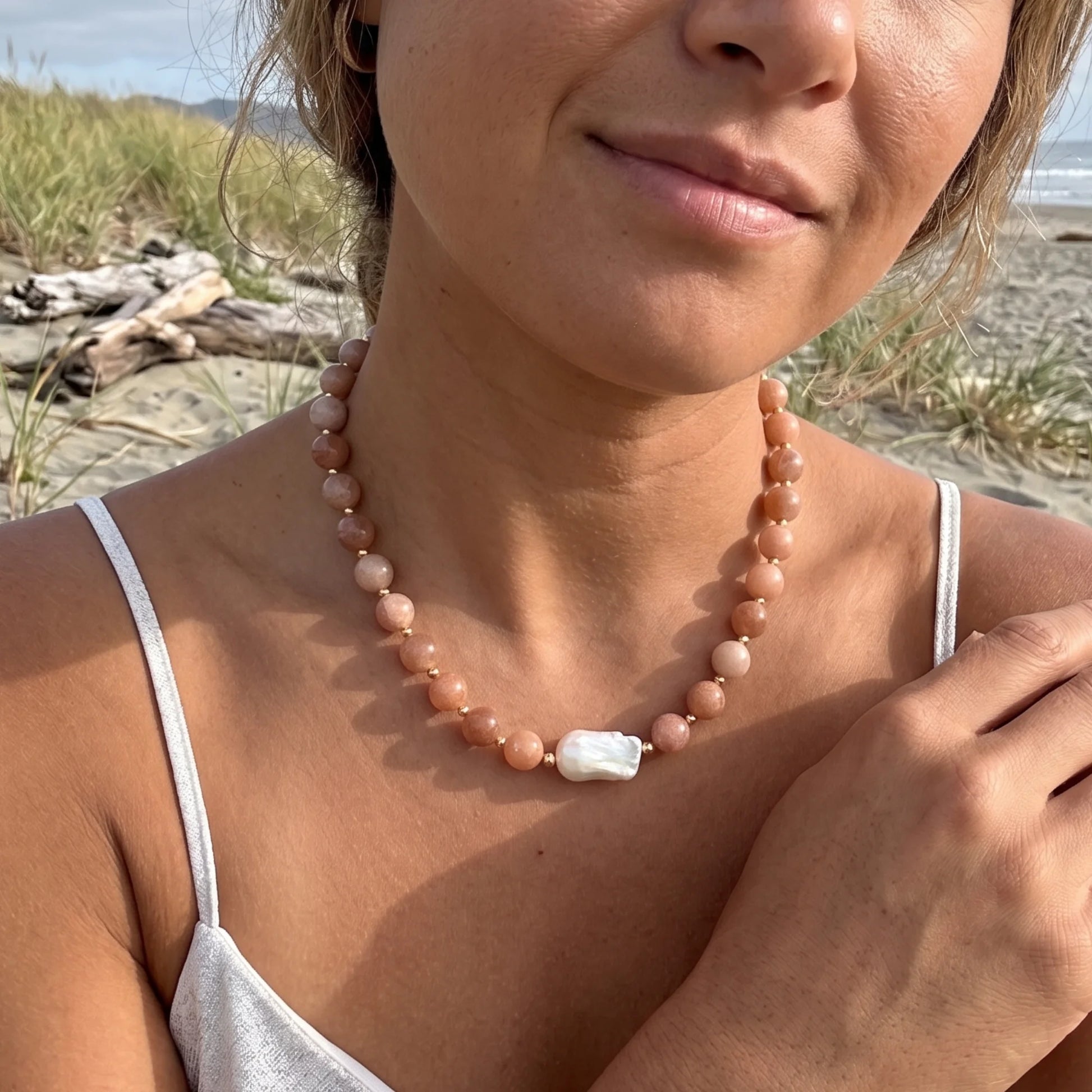 Natural orange moonstone and 14K gold filled beaded necklace with premium freshwater baroque pearl centrepiece, hand-finished in Australia
