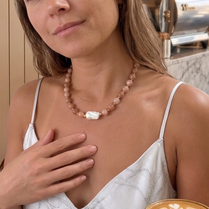 Natural orange moonstone and 14K gold filled beaded necklace with premium freshwater baroque pearl centrepiece, hand-finished in Australia