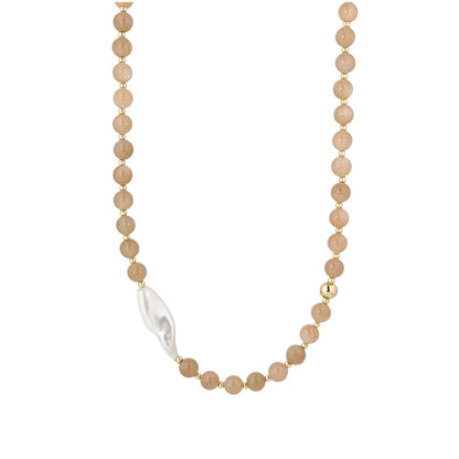 Orange moonstone necklace with 14K gold-filled beads and a baroque freshwater pearl