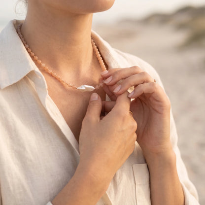 Orange moonstone necklace with 14K gold-filled beads and a baroque freshwater pearl