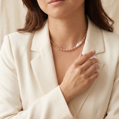 Orange moonstone necklace with 14K gold-filled beads and a baroque freshwater pearl