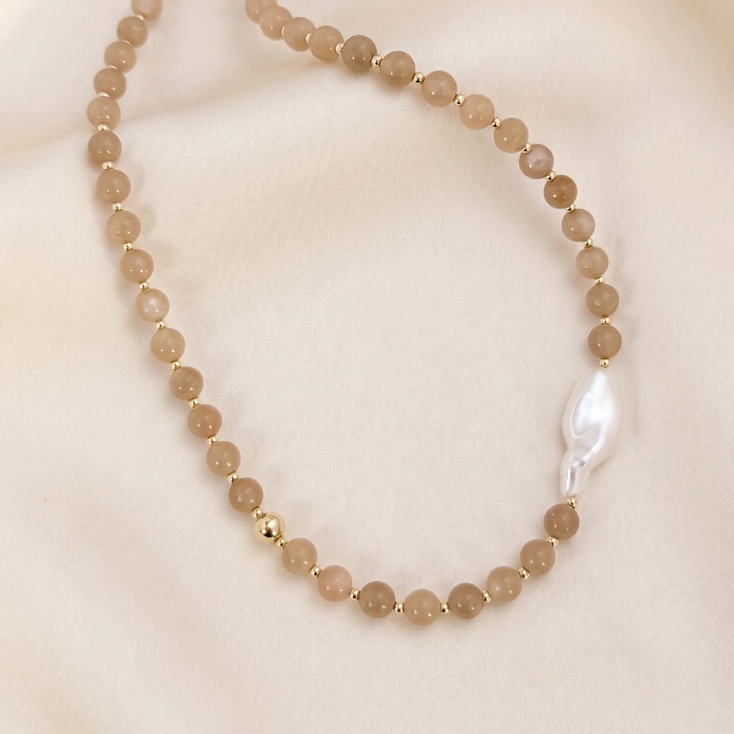 Orange moonstone necklace with 14K gold-filled beads and a baroque freshwater pearl