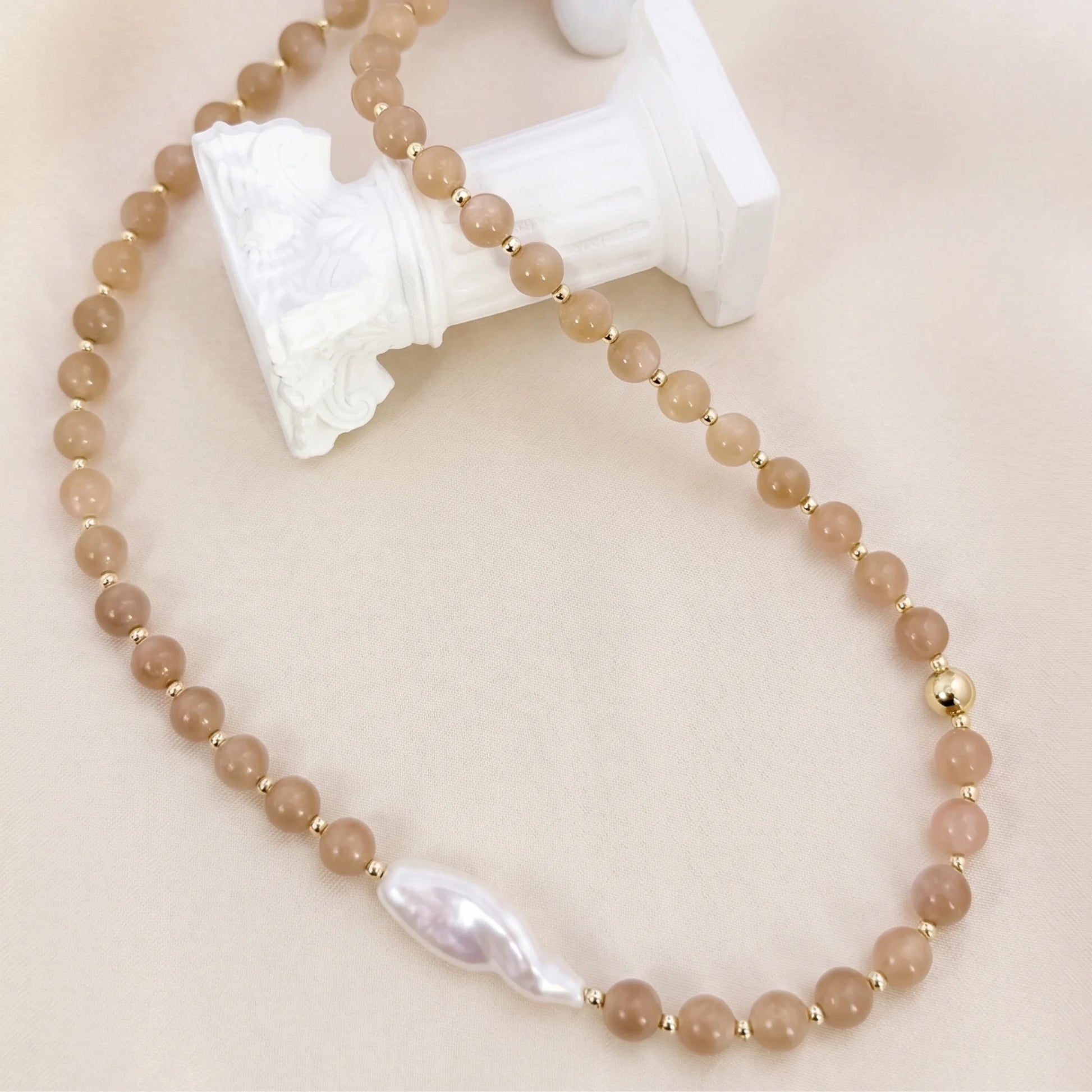 Orange moonstone necklace with 14K gold-filled beads and a baroque freshwater pearl